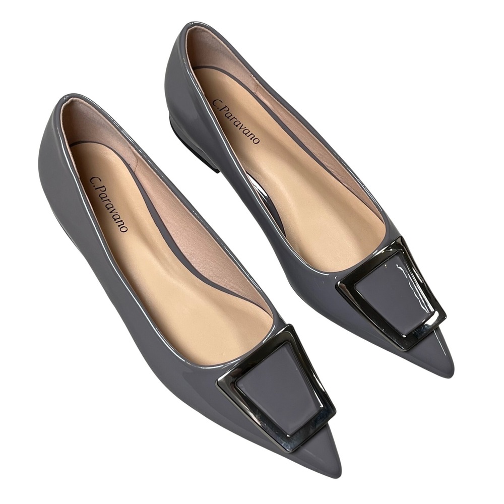 C Paravano Trapezoidal Buckle Flats‎ Womens 6.5 Gray Patent Leather Block Heel